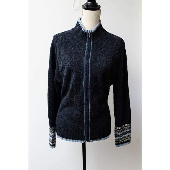 Sarah Spencer womens wool L blue cardigan gorp patterned cuffs - Picture 1 of 5